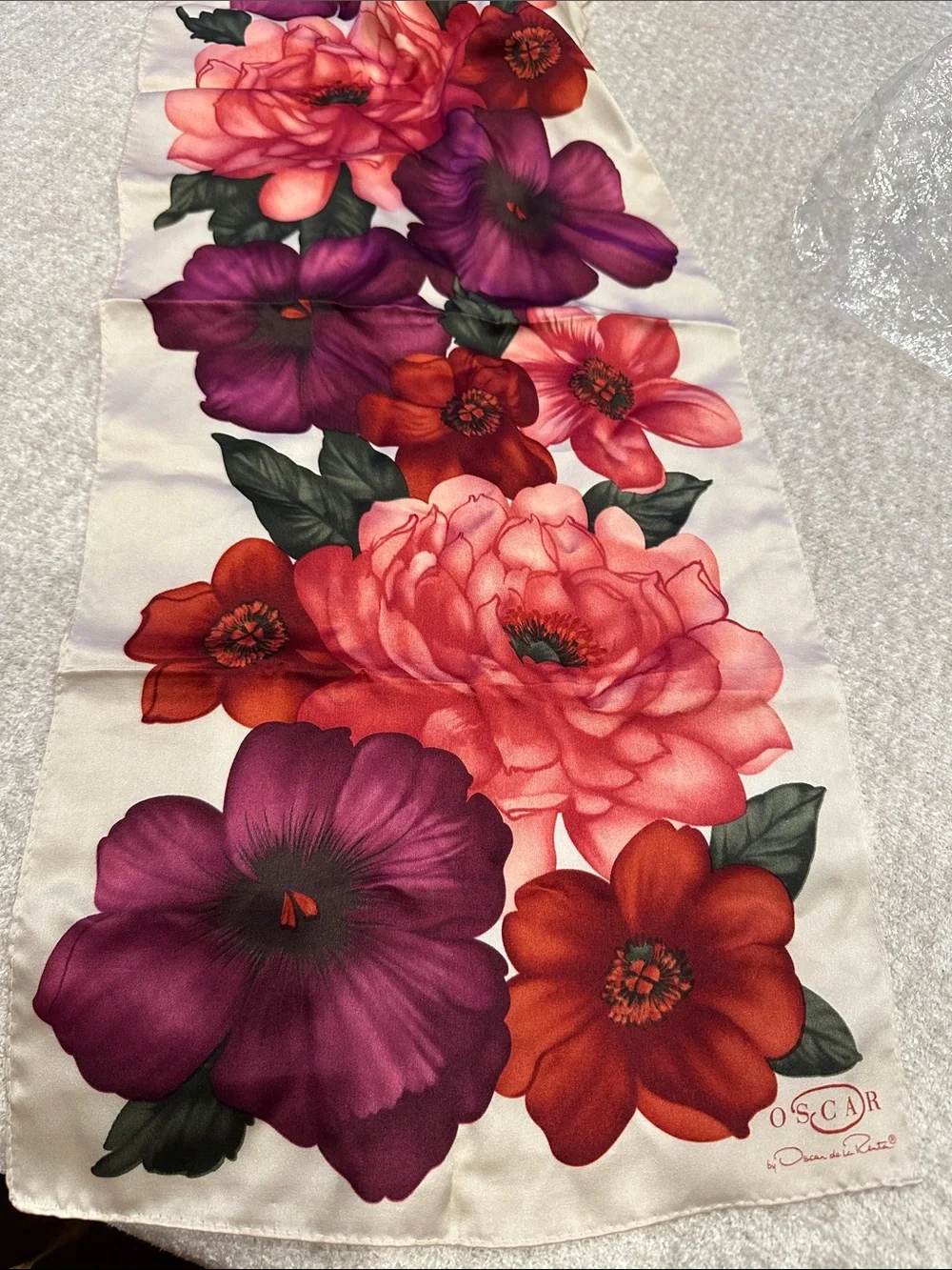 Oscar de la renta Floral Satin Scarf with Pink, Purple & Red Blooms
